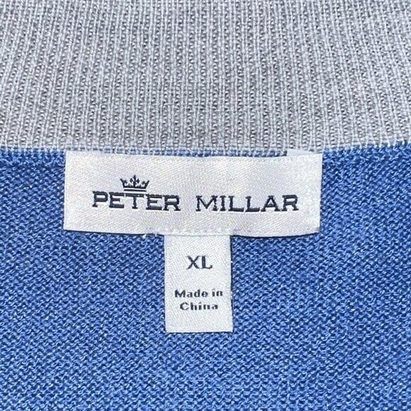 Peter Millar Sweater Men XL Merino Wool Silk Blend Quarter Zip Blue Leather Trim - Picture 4 of 9